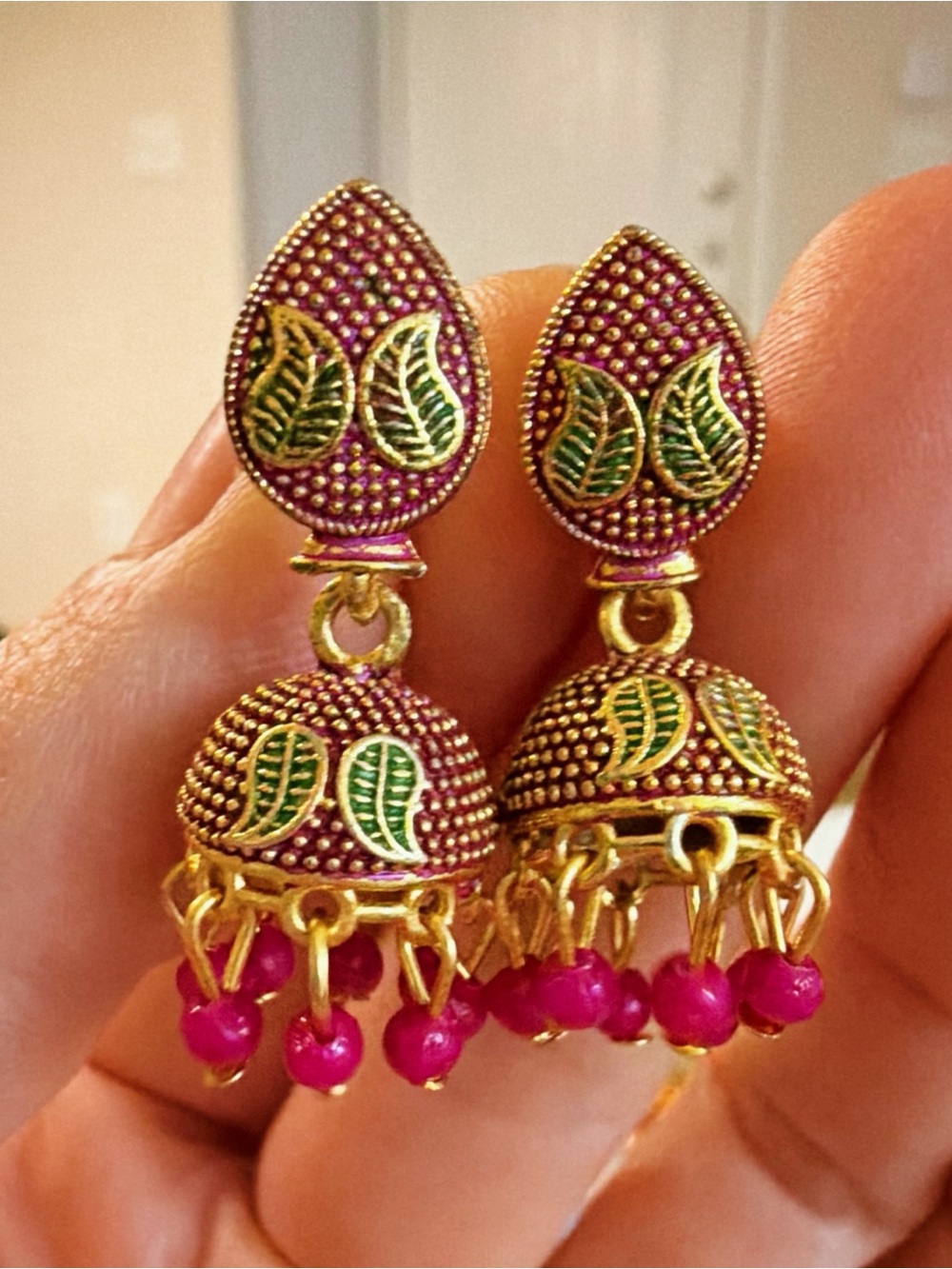 Gold-Tone Pink and Green Jhumka Earrings - Traditional Women Jewelry
